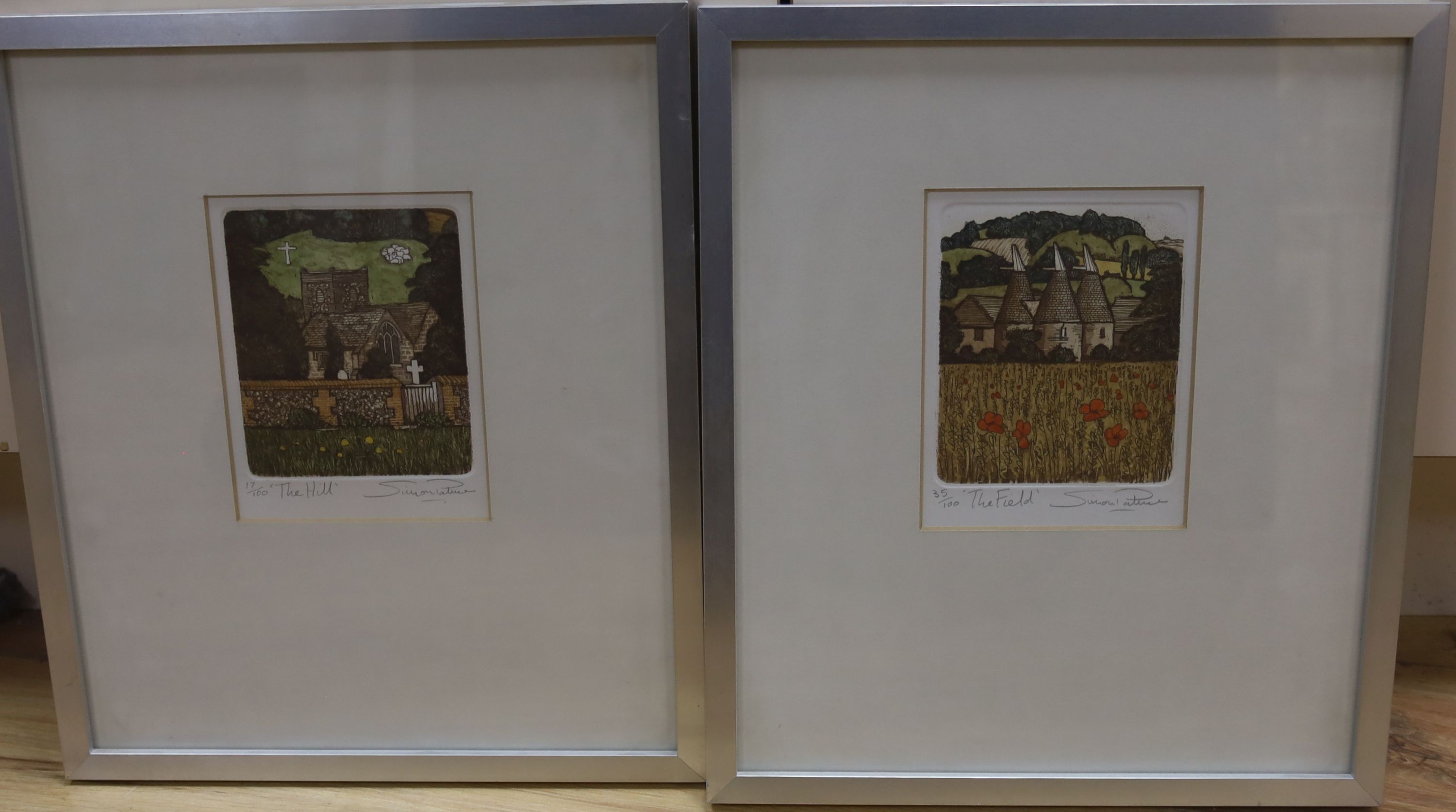 Simon Palmer, two limited edition prints, 'The Hill' and 'The Field', signed in pencil, 17/100 and 35/100, 12.5 x 11cm